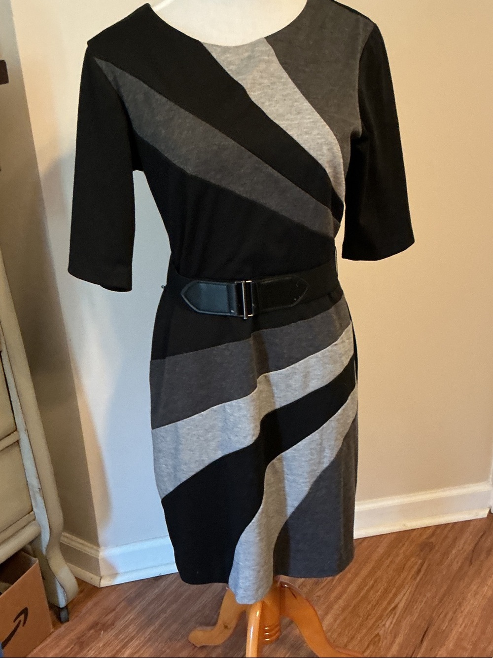 connected apparel Black and Gray Striped Midi Sheath Dress